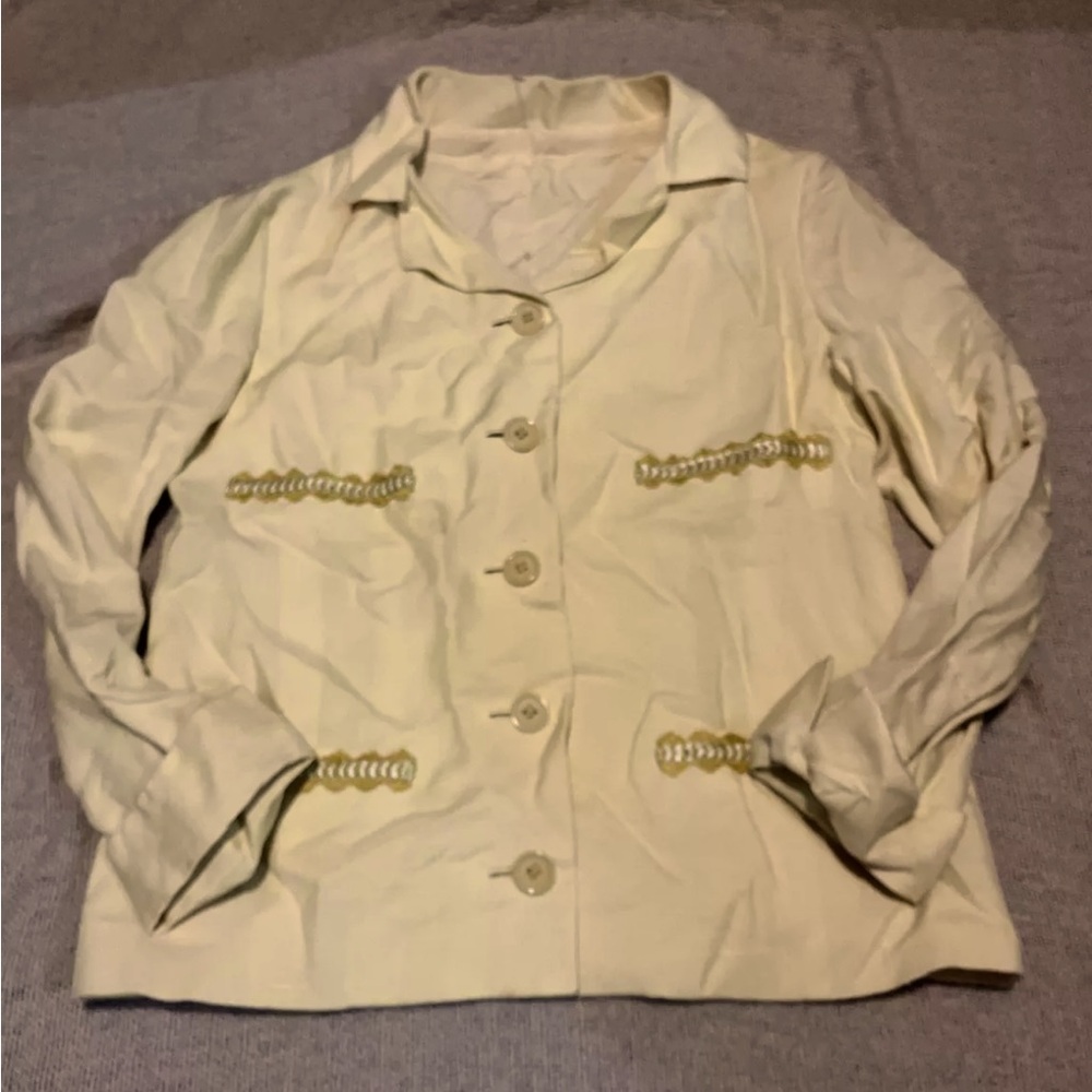 Vintage Yellow Button Up Blazer 90’s Woven Silk w/Embroidery Accents SzL